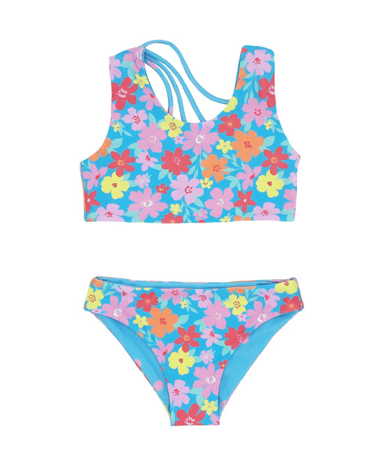 Red, White & Blue Girls' Springtime Floral Reversible Bikini Set in blue grotto colorway