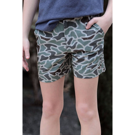 The Burlebo Boys' Everyday Performance Shorts in Retro Duck Camo with Grey Pockets