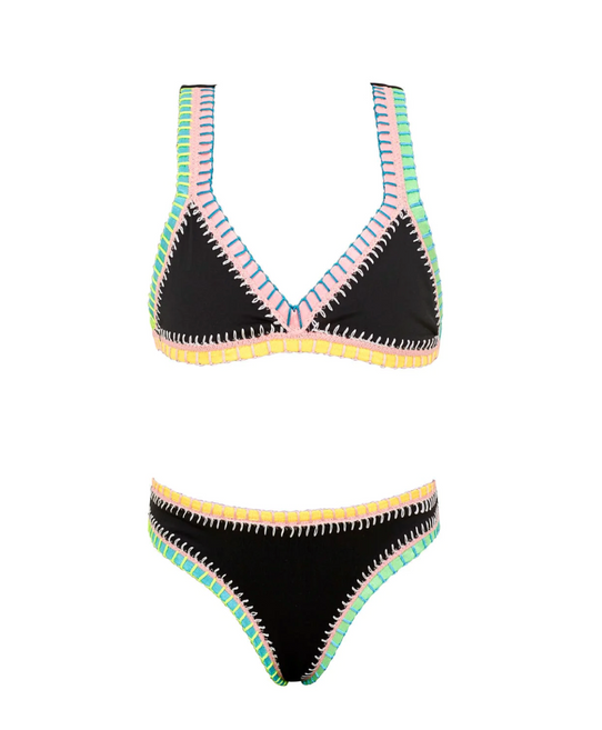 PilyQ Girls' Black Pier Rainbow Embroidered Bikini