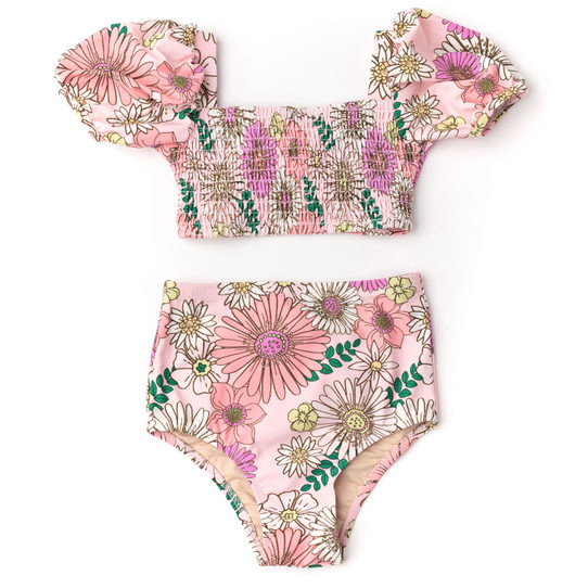 Shade Critters Toddler Girls' Retro Blossom Smocked Bikini in pink colorway