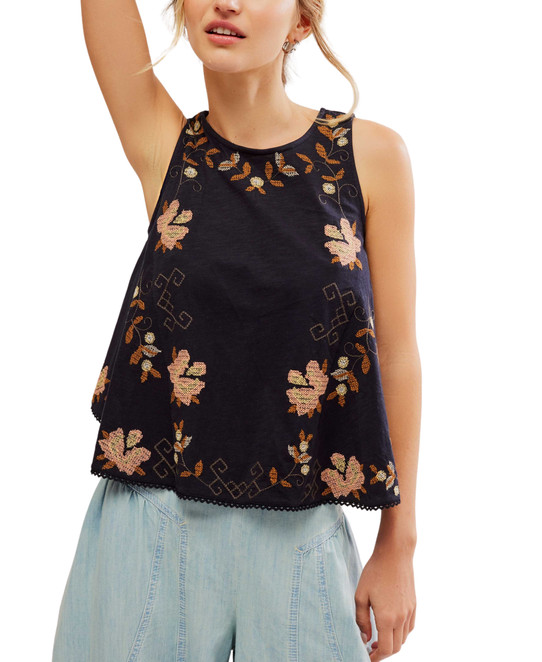 Free People Women's Fun And Flirty Embroidered Top in black combo colorway