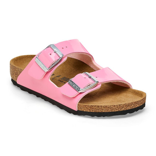 Birkenstock Kids' Arizona Birko-Flor Patent flat sandals in Patent Candy Pink colorway
