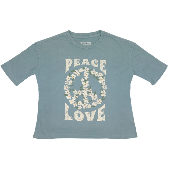 Tiny Whales Girls' Peace And Love Tee in Mineral Denim colorway