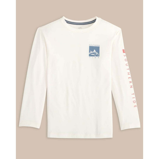 Southern Tide Boy's Boxed Chest Performance Long Sleeve T-Shirt in Sand White colorway