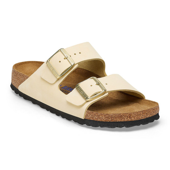 The Birkenstock Women's Arizona Soft Footbed Nubuck Sandals in the Ecru Colorway