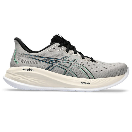 The Asics Men's Gel-Cumulus 26 Running Technology shoes in Moonrock Grey and Dark Mint