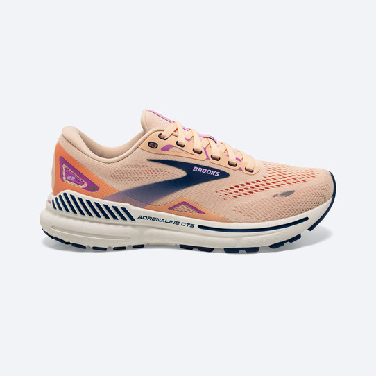 The Brooks Women's Adrenaline GTS 23 Running weather Shoes in the Apricot Colorway