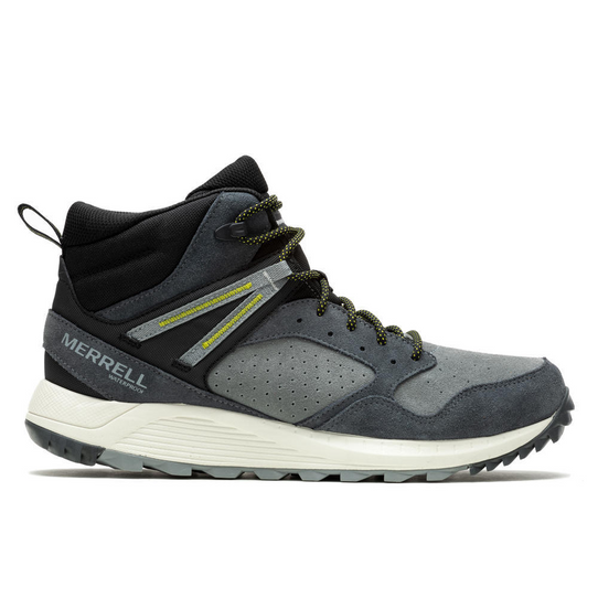 The Merrell Wildwood mid leather waterproof hiking boot in the colorway granite