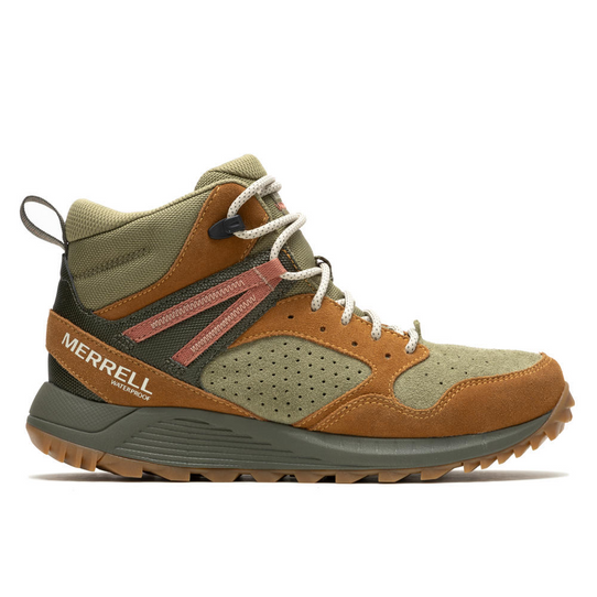 The Merrell women's wildwood mid leather waterproof hiking boot in the colorway forest