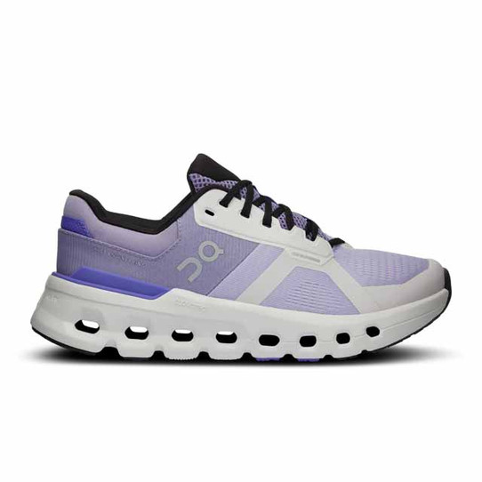 The On Running Women's Cloudrunner 2 Running Fit shoes in the Nimbus and Blueberry Colorway