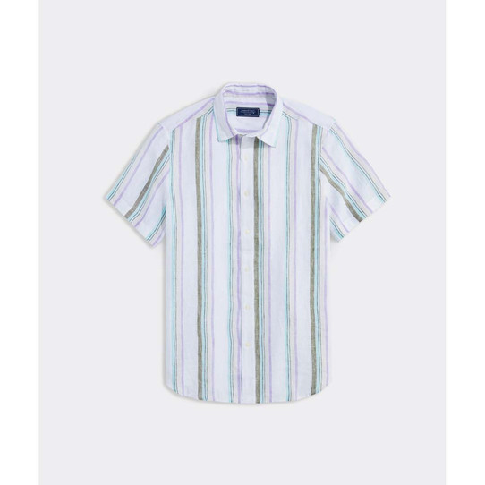 Vineyards Vines Men's Linen Short-Sleeve Stripe Shirt in STP Andros Blue