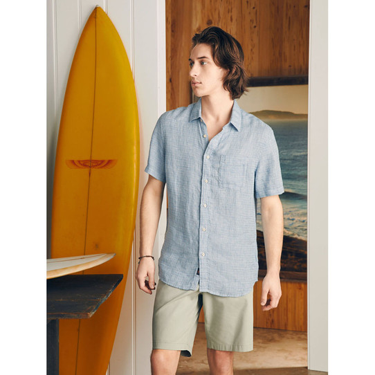The Faherty Men's Palma Short Sleeve Linen shirt FIT in the Blue Basketweave Colorway