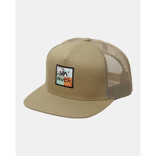 The RVCA Men's VA All the Way Trucker Hat in the Dark Khaki Colorway