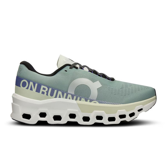 The On Running Men's Cloudmonster 2 Running shoes Logo in the Mineral and Aloe Colorway