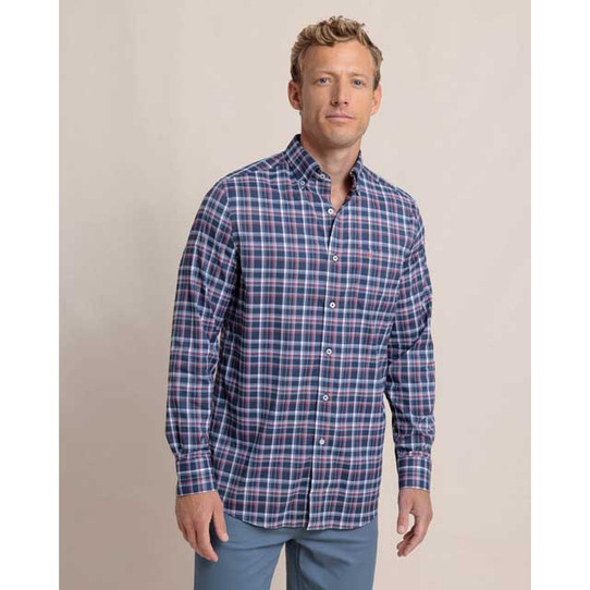 The Southern Tide Men's Bellinger Intercoastal Plaid Long Sleeve Sport Shirt in Dress Blue