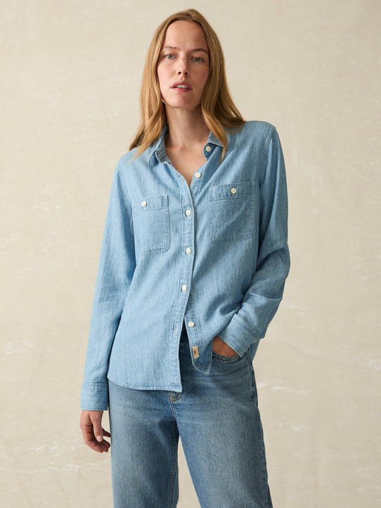 Faherty Women's Tried & True Chambray Shirt in Mid Wash colorway