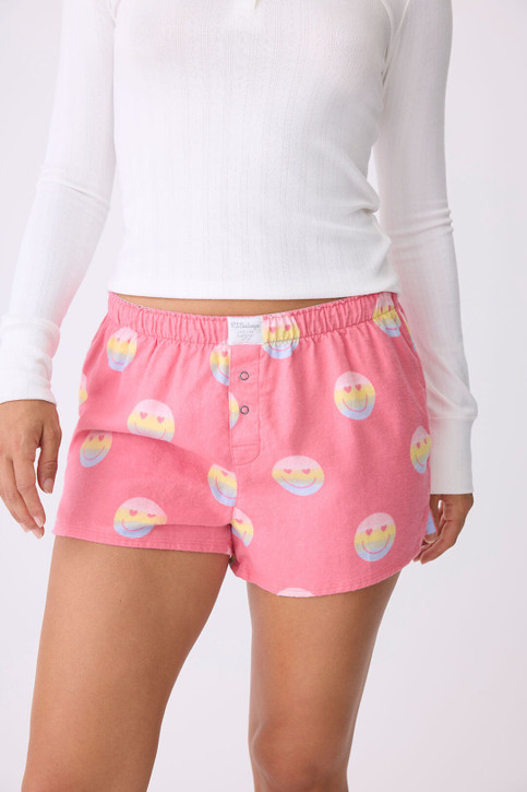 PJ Salvage Women's Flannel Boxer Shorts in Hot Pink Smiley Face