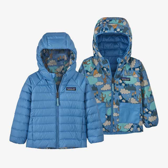 The Patagonia Toddlers' Reversible Down Sweater Hooded Jacket in the Blue Bird Colorway