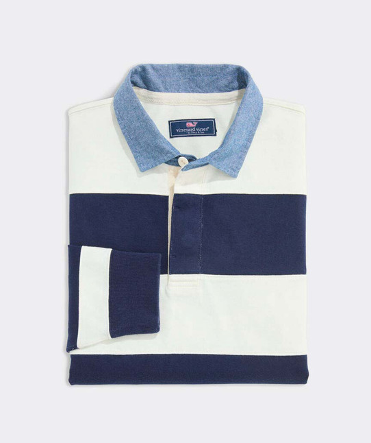 The Vineyard Vines Men's Pieced Stripe Cotton Rugby Shirt in Marshmallow