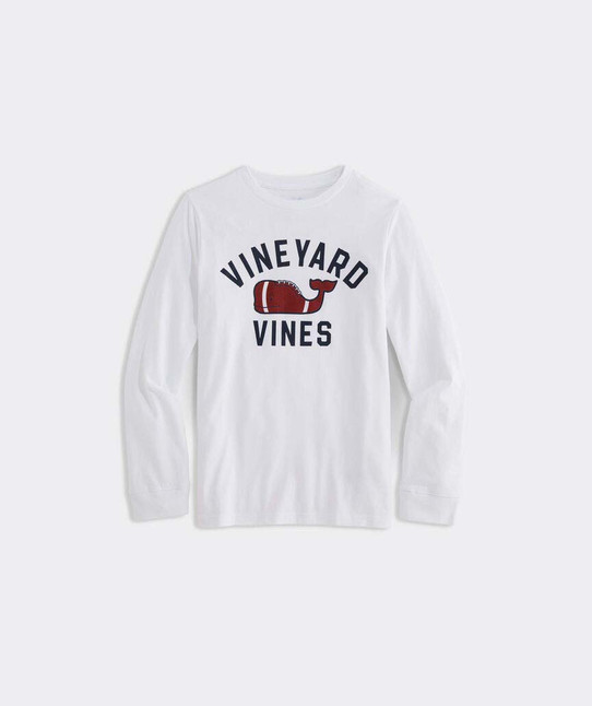 The Vineyard Vines Boys' Textured Football Whale Long Sleeve Tee in White Cap