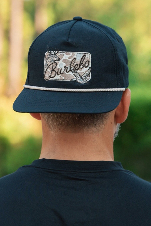 Burlebo Men's Camo Patch Snapback Hat in Black side angle