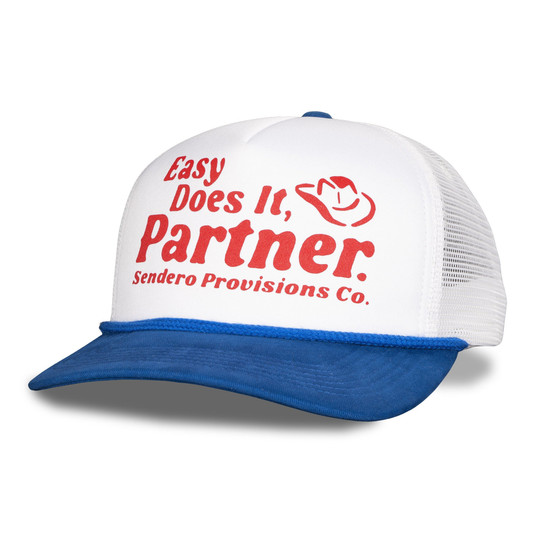 The Sendero Provisions Co. Easy Does It Trucker Hat in White, Blue, and Red