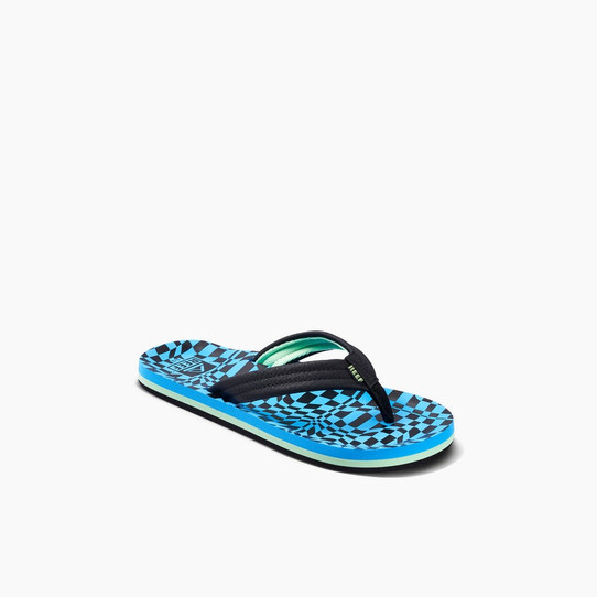 Reef Kids' Ahi Flip Flops in Blue and Black Swell Checker, detail view