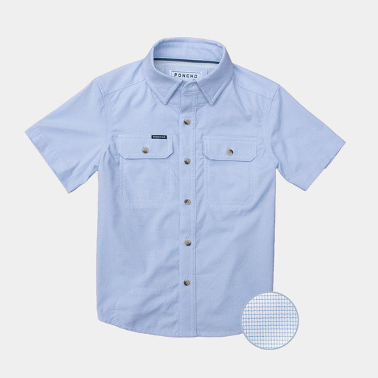 Poncho Outdoors Boys' Original Short Sleeve Shirt in Blue Microcheck back view