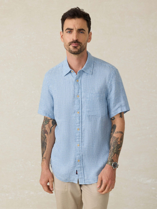 Faherty Men's Palma Linen Short Sleeve Shirt Horizon Blue full view