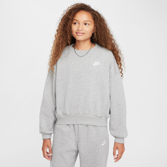 Nike Girls' Sportswear Club Fleece Boxy Crew Neck Pullover in Dark Grey Heather detail view