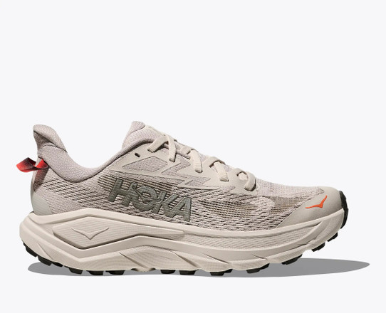 Hoka Women's Challenger 8 Trail Running Shoes Stucco and Asphalt Grey three-quarter view