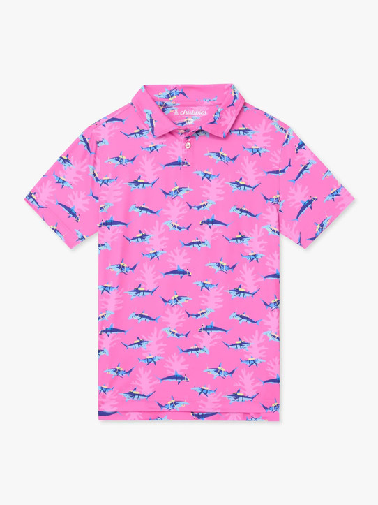 Chubbies Boys' Performance Polo in The Great Pink Shark side view