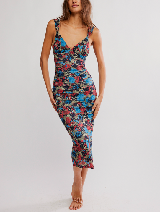 Free People Women's Long Live Printed Mesh Midi Slip Dress in Black Combo