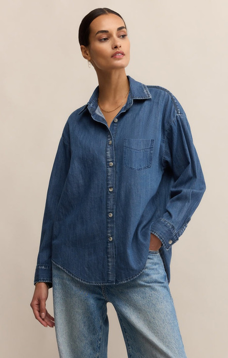 Z Supply Women's Atwood Lightweight Denim Button Up Shirt in Medium Indigo