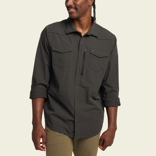 Howler Brothers Emerger Tech Long Sleeve Shirt in Antique Black flat lay
