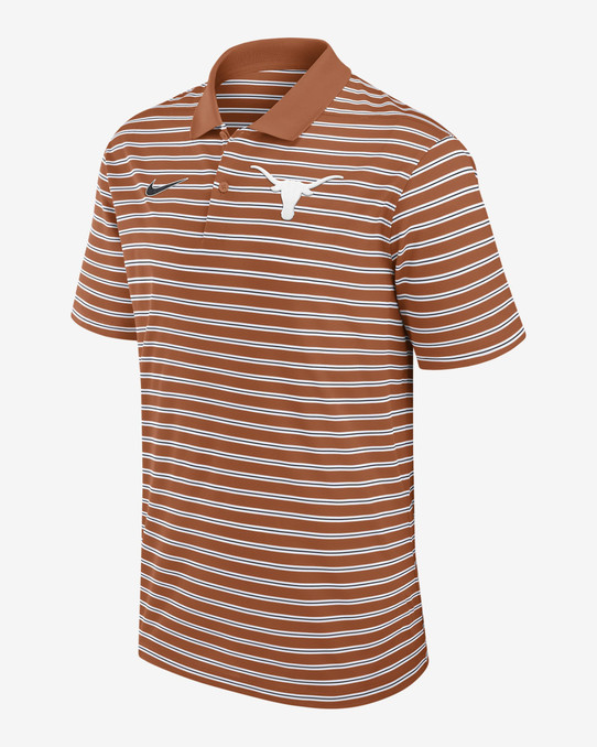 Nike Men's Texas Longhorns Primetime Victory Striped Dri-FIT College Polo in Desert Orange/White Nike Men's Texas Longhorns Primetime Victory Striped Dri-FIT College Polo in Desert Orange/White
