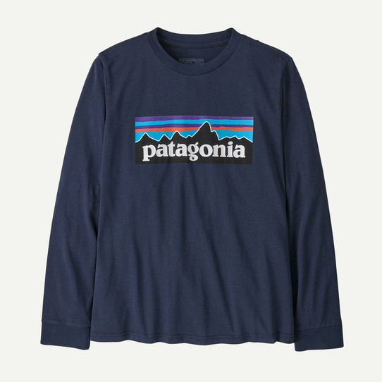 Patagonia Kids' P6 Logo Long Sleeve Tee in New Navy front view
