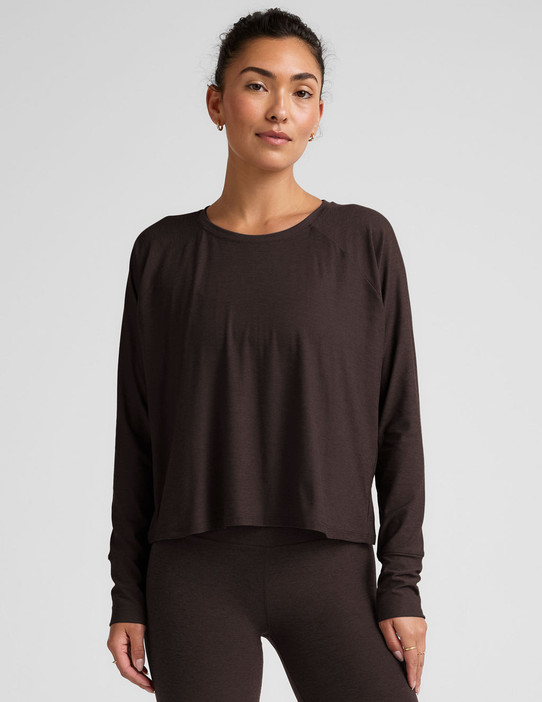 Beyond Yoga Women's Featherweight Daydream Pullover in Dark Chocolate Heather lifestyle view