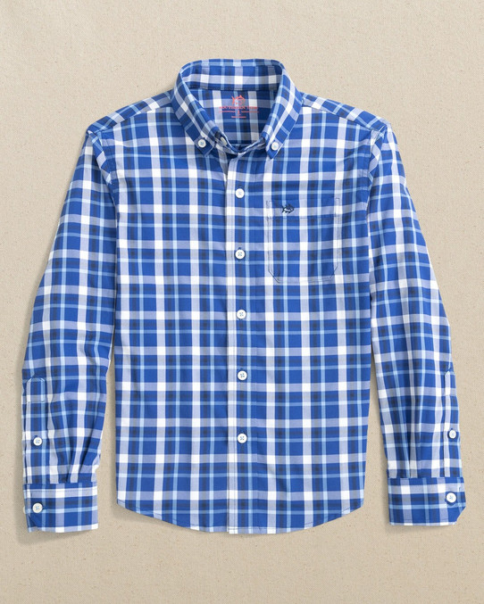 Southern Tide Boys' River Ridge Plaid Intercoastal Long Sleeve Sport Shirt in Surf Blue