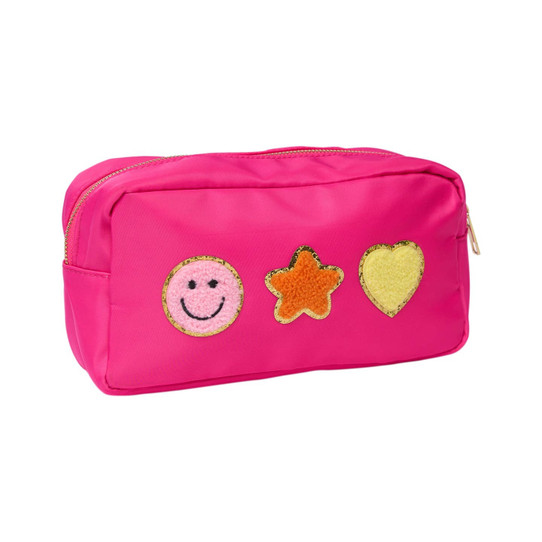 Daily Candy Smiley Star Heart Patch Nylon Pouch in Neon Pink