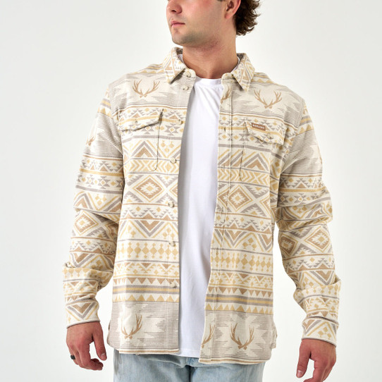 Burlebo Men's Vintage Heavyweight Flannel in Whitetail Deer Aztec on model front