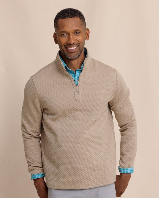 Southern Tide Men's Oak Island Reversible Quarter Zip Pullover in Sandstone Khaki