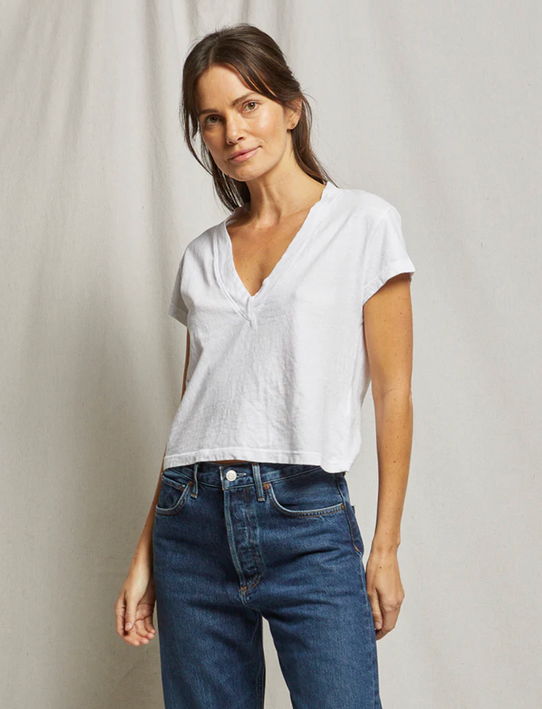 perfectwhitetee Women's Alanis V-Neck Tee in White, neckline detail