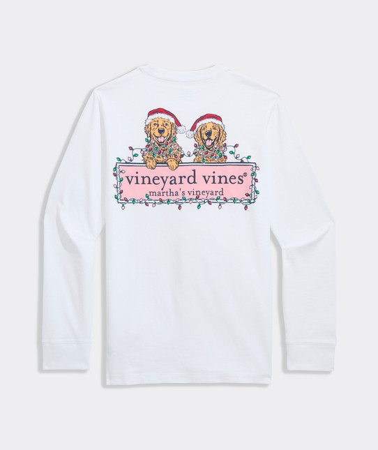 The Vineyard Vines Boys' String Lights Pups Longsleeve Pocket Tee in White The Vineyard Vines Boys' String Lights Pups Longsleeve Pocket Tee in White