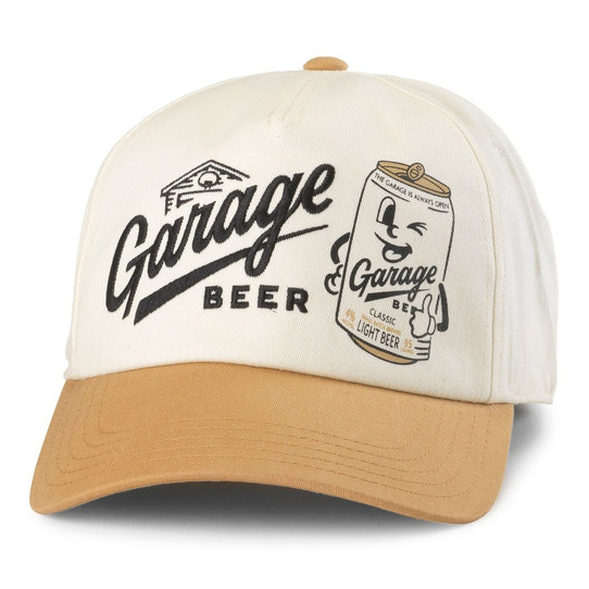 American Needle Garage Beer Roscoe Twill Hat in Ivory/Gold overhead view