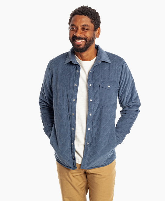 Criquet Men's Corduroy Quilted Shacket in Slate Blue close-up