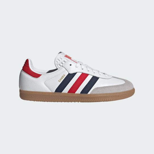 adidas Men's World Cup Samba OG Shoes White, Red and Blue lifestyle shot