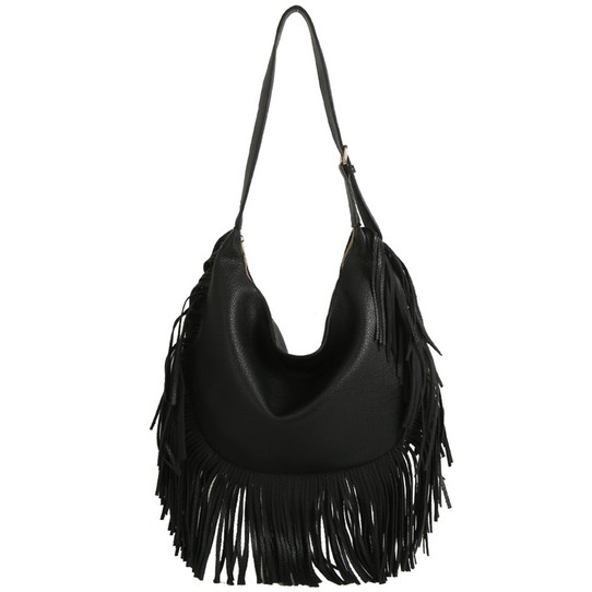 Fringe Shoulder Hobo Bag in Black