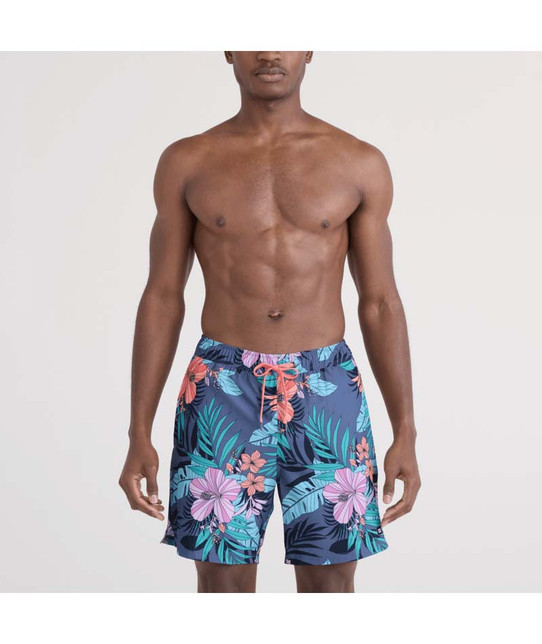 SAXX Men's Oh Buoy 2N1 7" Volley Shorts in Hibiscus Jungle-Indigo detail view