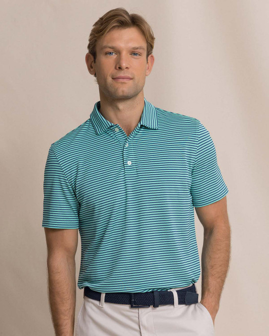 Southern Tide Men's Coastal Breeze Oceanfront Stripe Pique Polo in Gulf Shores close-up